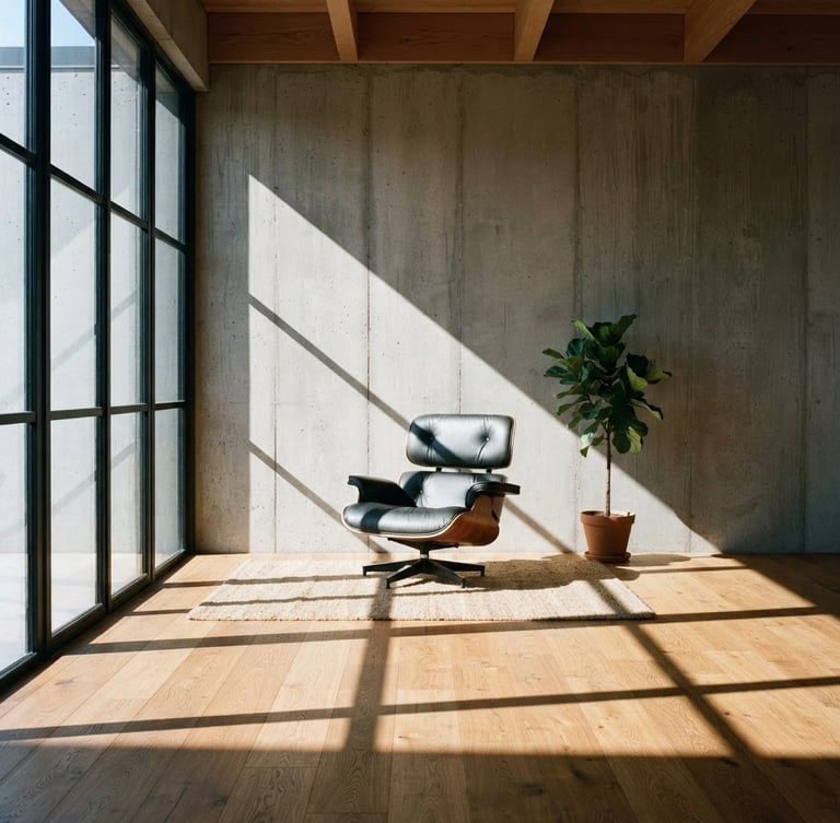 Straight-on architectural elevation of a sun-drenched concrete apartment interior, sharp window-frame shadows on warm oak floors, minimalist mid-century chair, 35mm photography.