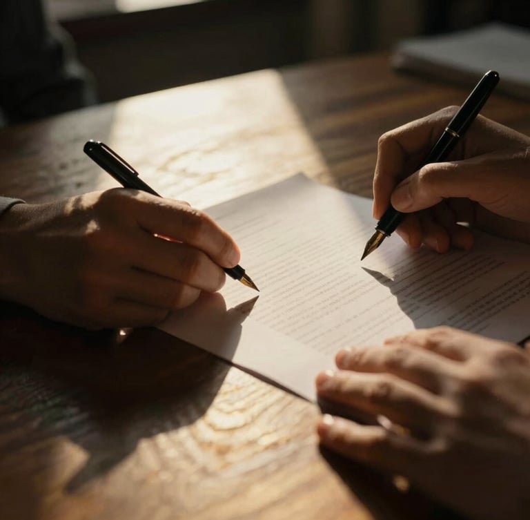 Close-up of hands reviewing physical documents with a fountain pen on a dark wood desk, warm golden-hour window light casting long shadows, deep charcoal and gold tones, 35mm.