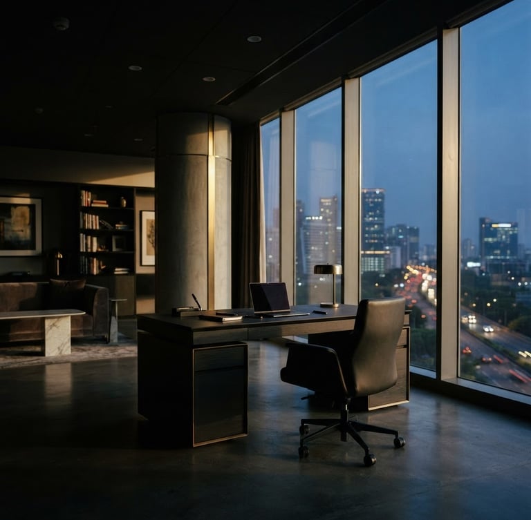 Wide environmental shot of a sophisticated, empty workspace in a modern Indian financial hub, low-key dramatic side-lighting, deep charcoal and gold tones, shallow depth of field, 35mm.