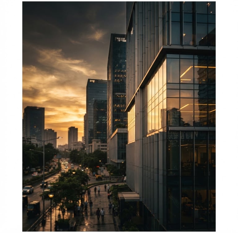 Wide shot of a modern Indian financial district at golden hour, architectural details of a glass building reflecting the sky, low horizon, with a subtle focus on a corner of the building on the right, low-key dramatic side-lighting, deep charcoal and gold tones, shallow depth of field.
