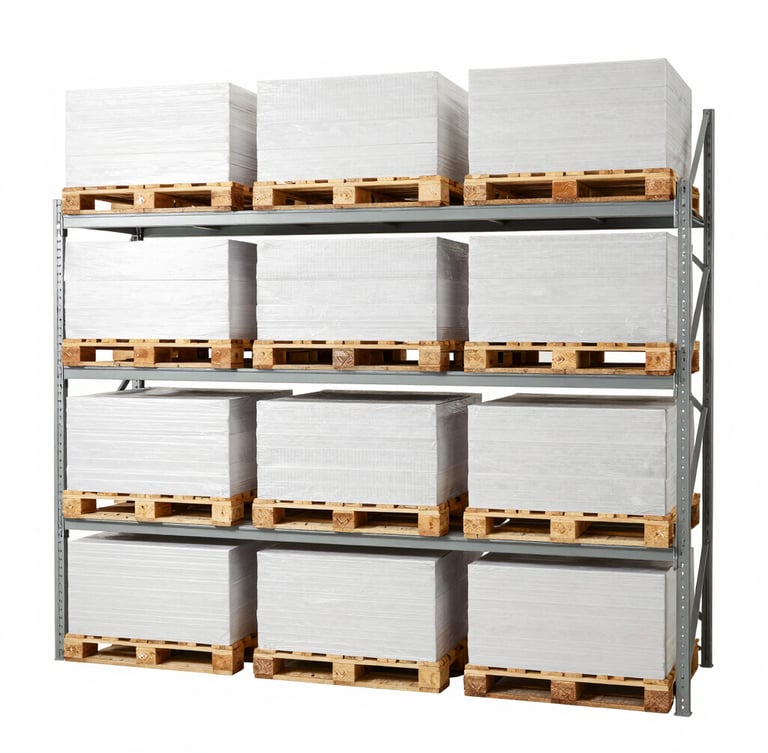 Clean commercial photography of neatly organized warehouse shelving with stacked pallets under bright even studio lighting, 35mm