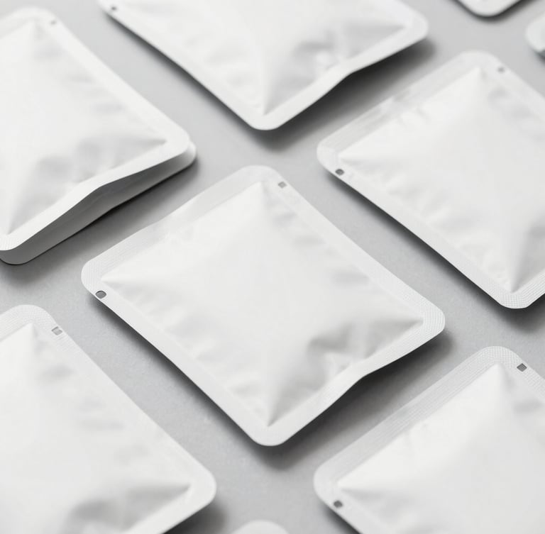 Close-up of pristine consumer product packaging in groups, beauty and health products arranged neatly on a cool grey surface, bright even studio lighting