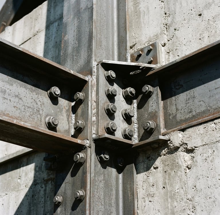 Extreme close-up of a massive steel beam connection, high-contrast direct sunlight casting sharp industrial shadows on raw gray concrete.
