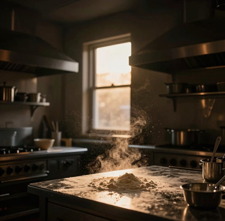 Atmospheric, low-key shot of a modern dark-toned commercial kitchen interior, warm golden-hour light cutting through a high window, flour dust shimmering in the air.