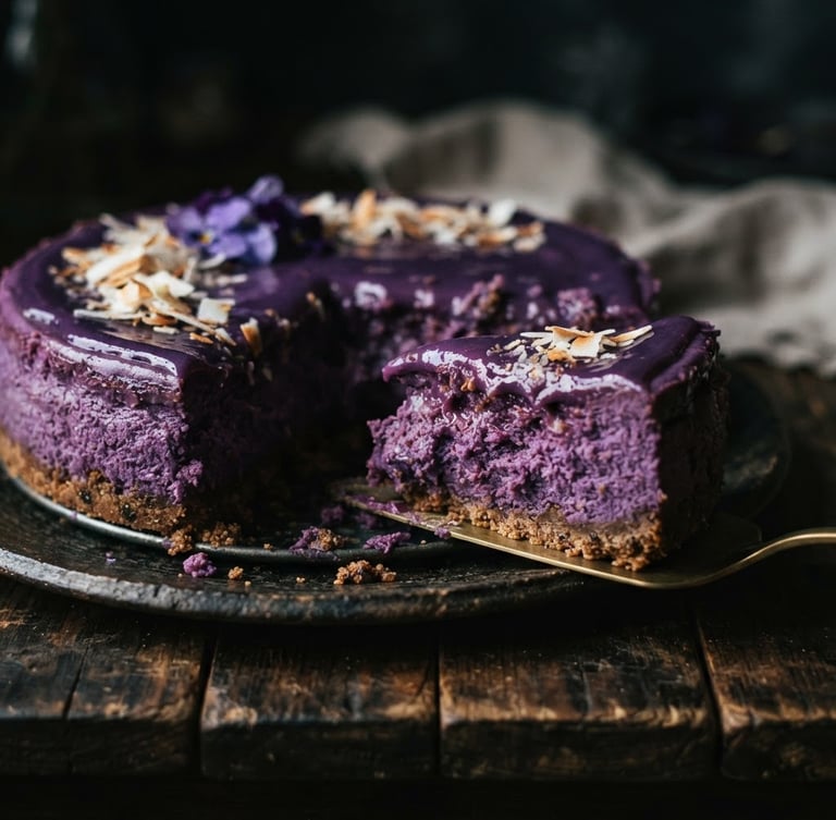 Moody close-up of a vibrant purple ube cheesecake with a messy, decadent slice cut out, low-key dramatic side-lighting on a dark rustic table.