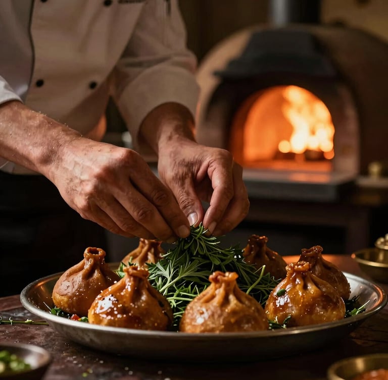 Close-up portrait of a chef's hands carefully garnishing a glistening tandoori platter with fresh herbs, clay tandoor oven glowing in the dark background, warm gold side light