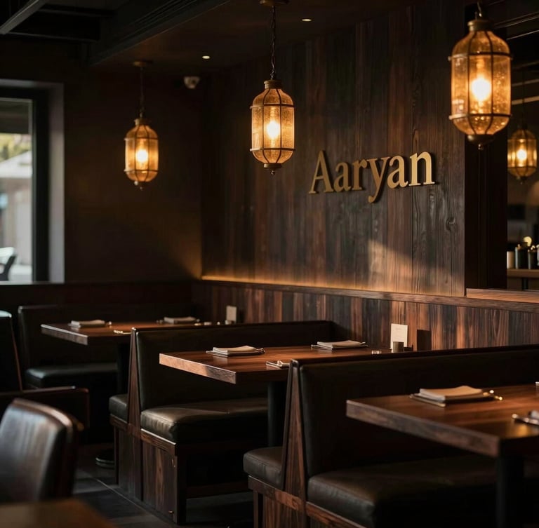 Moody shot of the warm-lit interior of Aaryan, sophisticated dark wood seating, soft golden glow from hanging lanterns, intimate atmosphere, 35mm