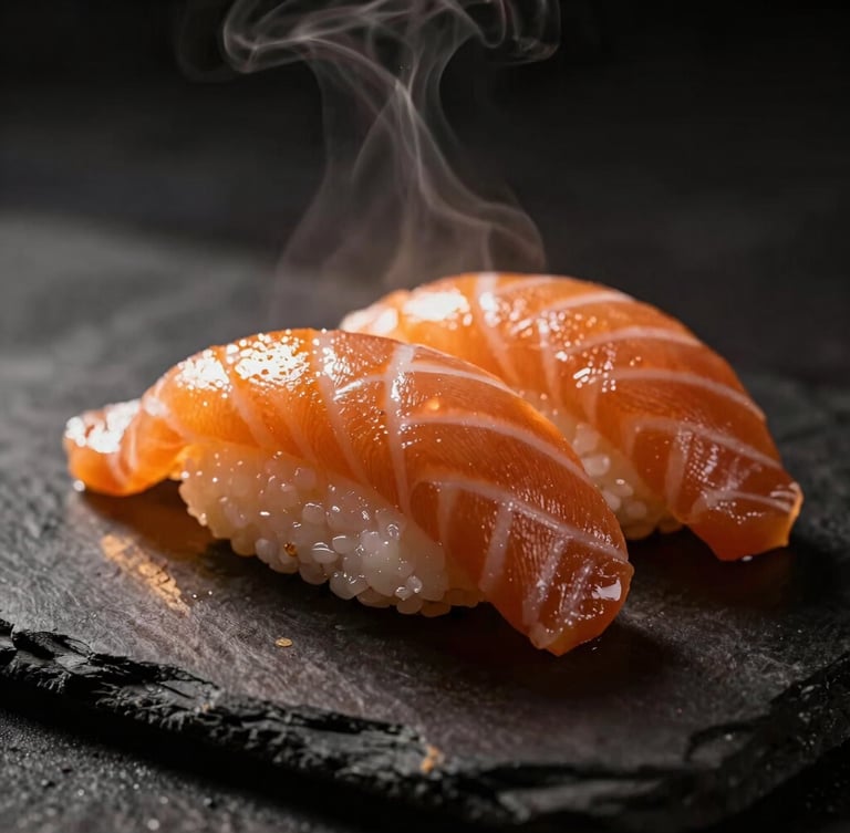 Close-up of glistening, freshly sliced salmon nigiri sushi on a dark slate plate, dramatic warm side-lighting, steam rising softly in the background, shallow depth of field, 50mm