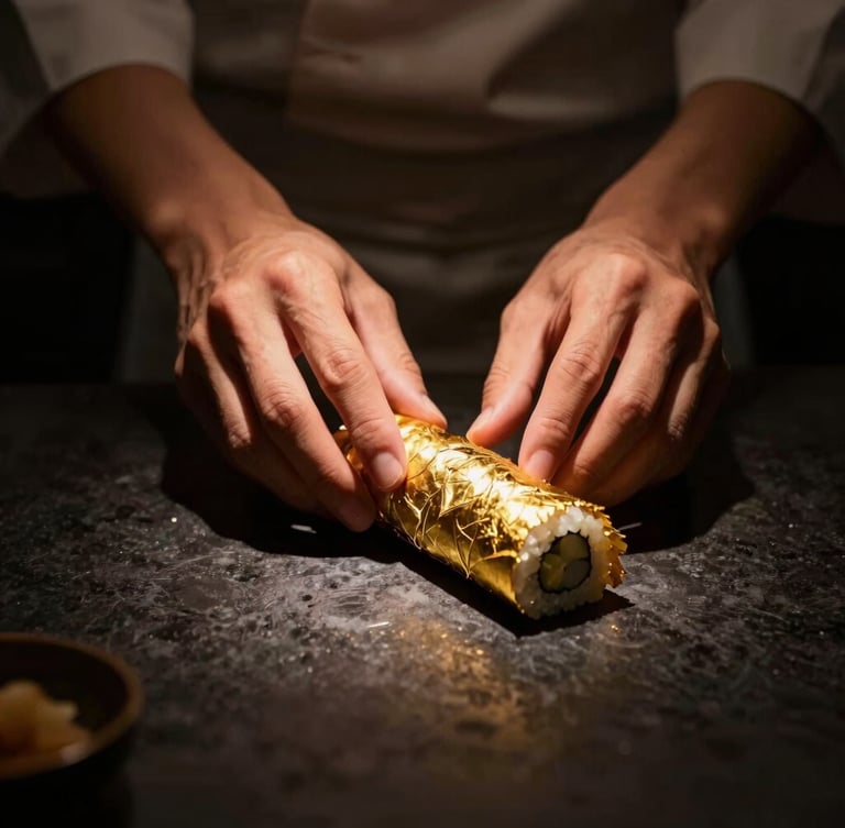 A chef's hands carefully placing a delicate gold leaf onto a freshly rolled maki sushi, dark charcoal background, warm amber spotlight, moody and luxurious atmosphere.