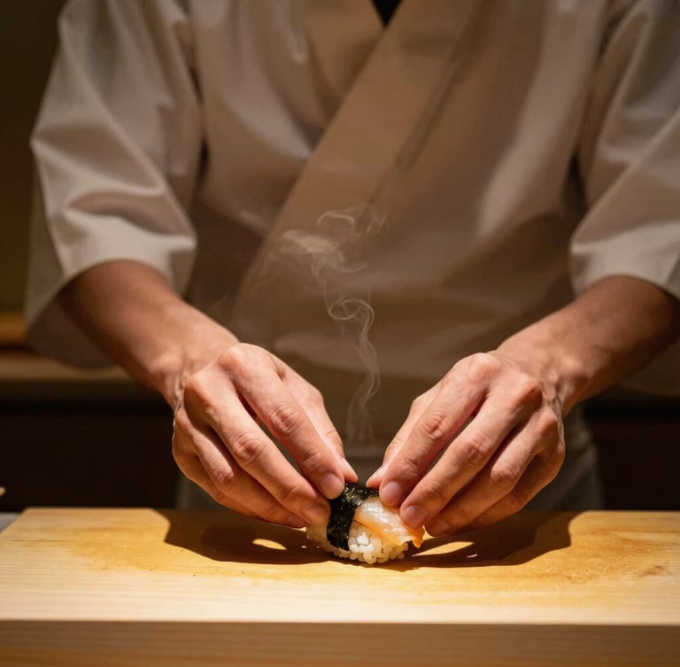 Moody portrait of a Japanese chef's hands carefully shaping a piece of nigiri sushi, warm spotlight, dark background, steam rising slightly