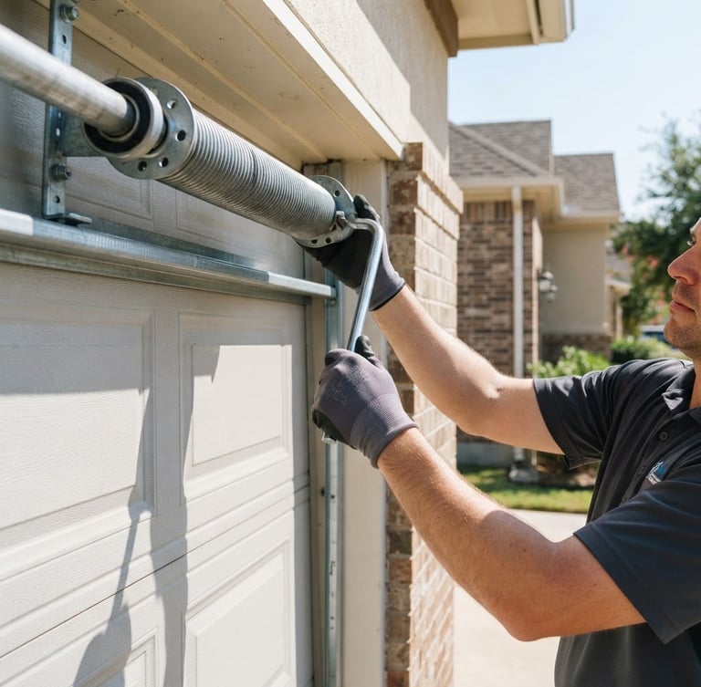 Close-up of a technician's clean hands safely adjusting a garage door torsion spring, bright natural outdoor daylight, crisp afternoon sun, suburban driveway, sharp focus.