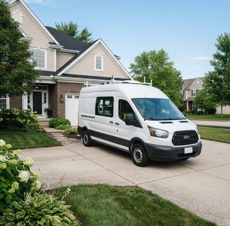 Bright service truck parked in a suburban Pleasant Plains driveway, crisp daylight, clean lines.