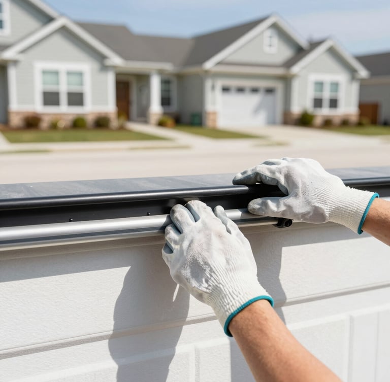 Close-up of clean hands in work gloves adjusting a garage door roller on a track, bright natural light.