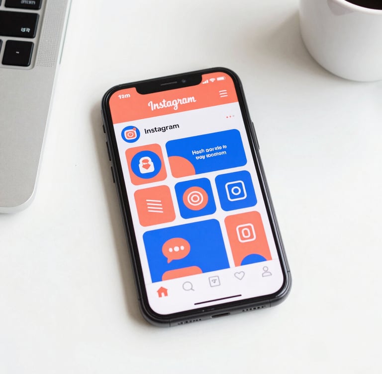 Vibrant smartphone screen displaying an energetic Instagram feed with bold coral and electric blue graphics, flat-lay on a clean white desk, bright studio lighting, 35mm
