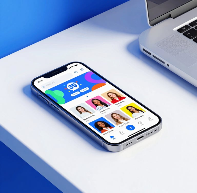 Vibrant digital photography, bright high-key studio lighting, modern workspace with a smartphone displaying a colorful social feed, electric blue accents, 35mm