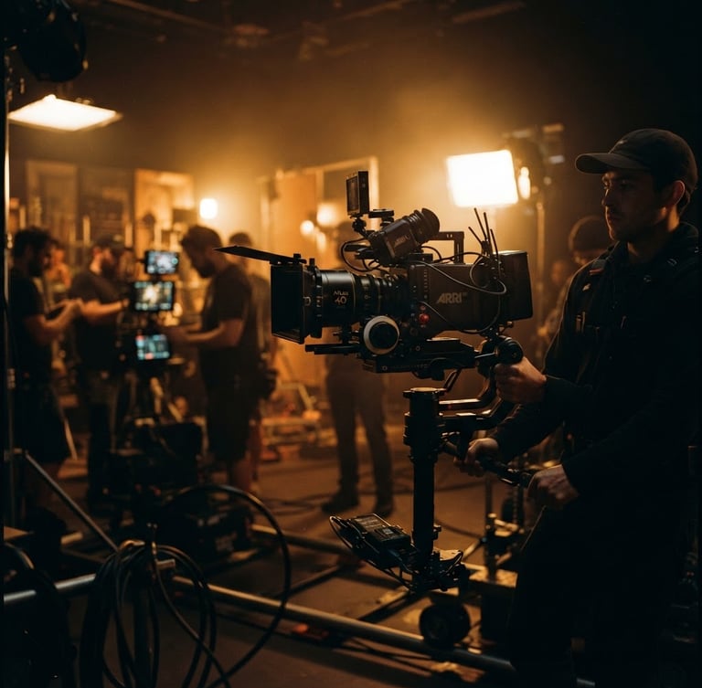 Anamorphic wide shot of a professional cinema camera rigged on a stabilizer, dramatic backlighting, rich warm amber tones, shallow depth of field, production crew in soft focus.