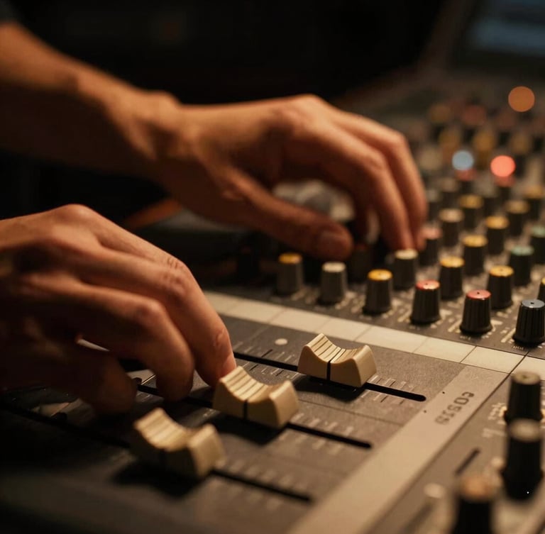 Extreme close-up of a professional audio mixing console, hands adjusting faders under dramatic low-key amber studio lighting, shallow depth of field.