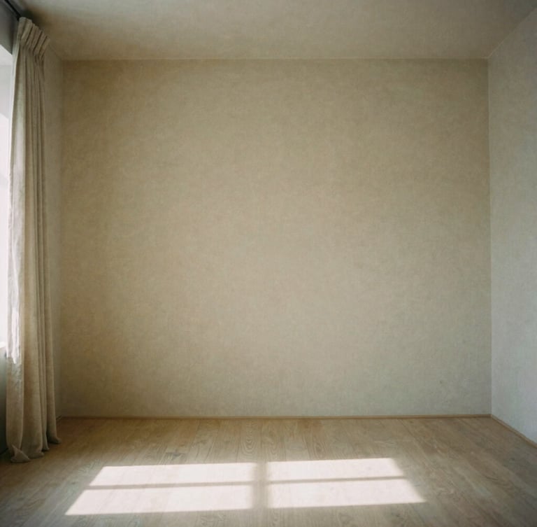 A minimalist, quiet treatment room with natural linen, soft indirect light casting low-contrast shadows, architectural details of the serene space, 35mm film