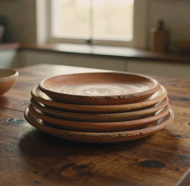 Stacked rustic terracotta plates with slight organic variations on a dark wooden kitchen table, soft golden-hour window light, warm earthy tones, 35mm film.