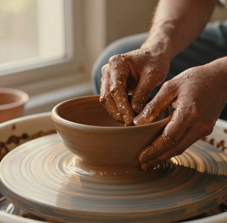 Close-up of potter's hands shaping a warm terracotta clay bowl on a spinning wheel, soft golden-hour window light, water droplets and clay texture visible, 35mm film