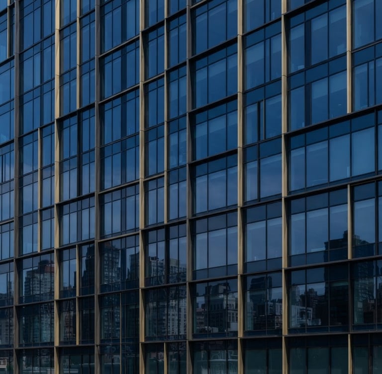 Sharp architectural crop of a modern corporate office building facade, bright natural daylight, clean lines, deep navy glass reflections