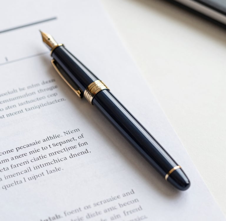 Close-up of a high-quality fountain pen resting on structured legal contracts, clean desk surface, bright natural office light, professional setting.