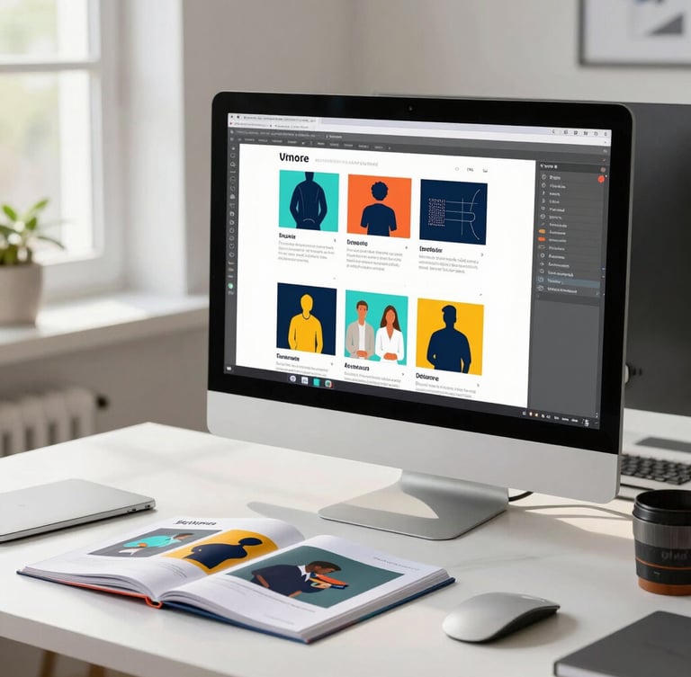A bright, modern graphic design workspace featuring a large color-calibrated monitor displaying a branding project, a clean desk, and a physical printed catalog nearby under natural daylight.