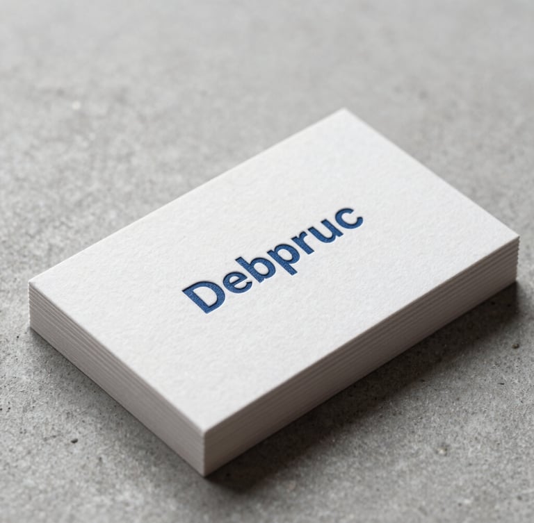 A close-up, high-fidelity mockup of premium business cards with textured heavy cardstock, deep blue debossed typography, resting on a clean concrete surface in bright, diffused studio lighting.
