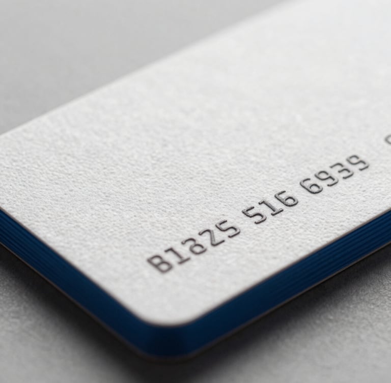 Close-up macro shot of premium textured business cards with electric blue edges, bright studio lighting, shallow depth of field
