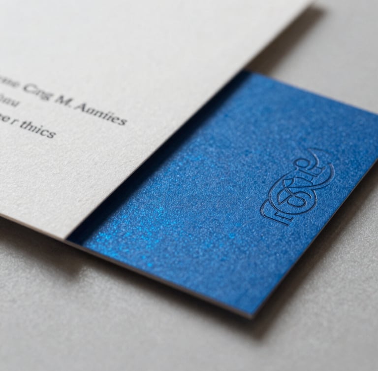 Close-up macro shot of premium textured paper stocks and business card mockups with embossed blue foil details, bright studio lighting, shallow depth of field.