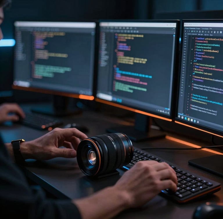 Moody close-up of developer hands collaborating over code screens, sharp orange rim lights, high-contrast technology photography, 35mm lens