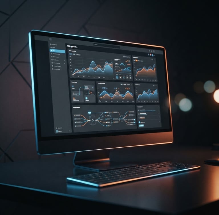 Sleek dark-mode technology photography, isometric mockup of a web application on a high-end monitor, glowing orange and blue neon rim lights, 35mm lens