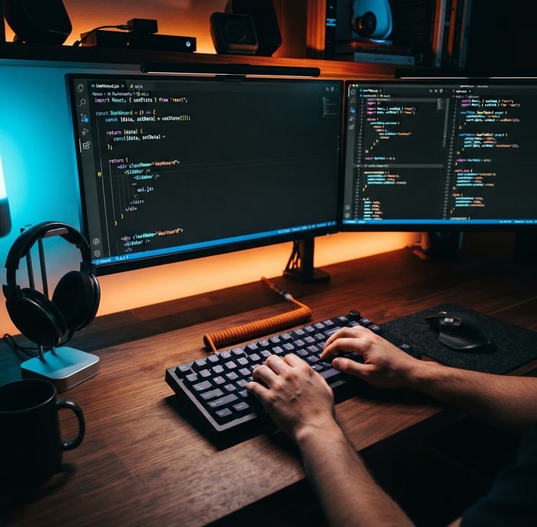 Close-up of developer workspace lit by neon blue and orange accent lights, mechanical keyboard, dual monitors displaying clean React code, high-contrast 35mm photography