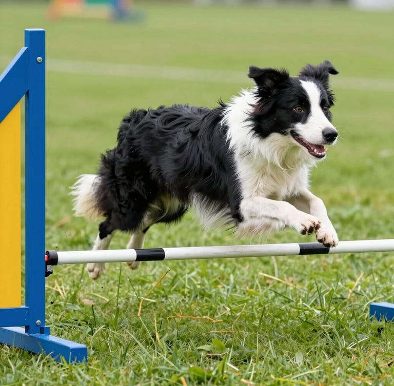 Low-angle action shot of a border collie mid-leap over an agility bar, bright outdoor daylight, vibrant turf-green grass background, crisp high-speed shutter.
