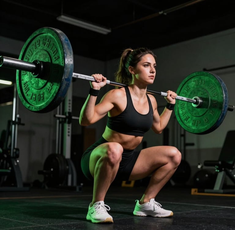 Low-angle dramatic athletic photography of a woman performing a heavy barbell squat under moody gym lighting with electric green highlights, sharp focus, 35mm lens