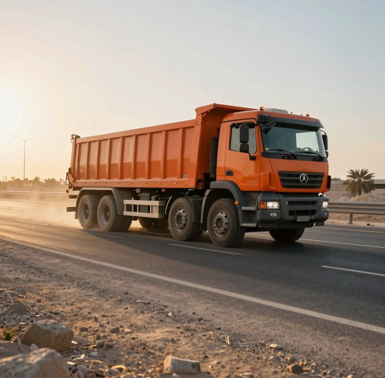 Wide-angle action shot of a heavy orange tipper truck in motion on a dusty Abu Dhabi highway, early morning golden hour light casting long dramatic shadows.