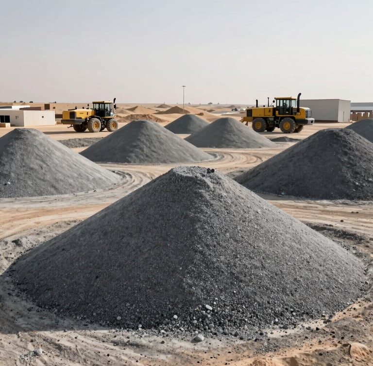 Wide angle shot of massive stockpiles of graded grey aggregate at the Mafraq industrial yard under harsh, bright desert daylight, heavy machinery visible in background