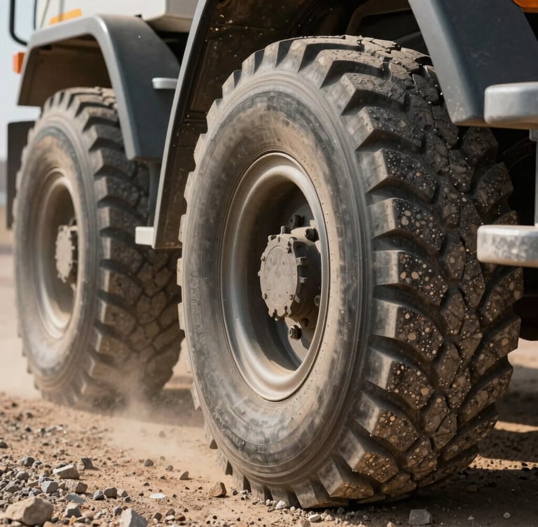 Extreme close-up of heavy tipper truck tires in coarse gravel, bright desert daylight reflecting off metal, dust kick-up, focus on tire tread and raw aggregate texture