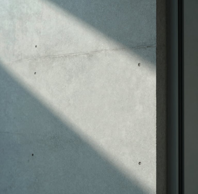 Minimalist architectural detail of a concrete wall and a soft shadow cast by a window frame, cool overcast daylight, desaturated tones