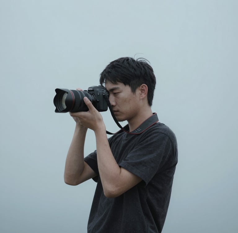 A quiet environmental portrait of a photographer holding a camera, soft cool overcast daylight, minimalist studio setting, desaturated grays and blues