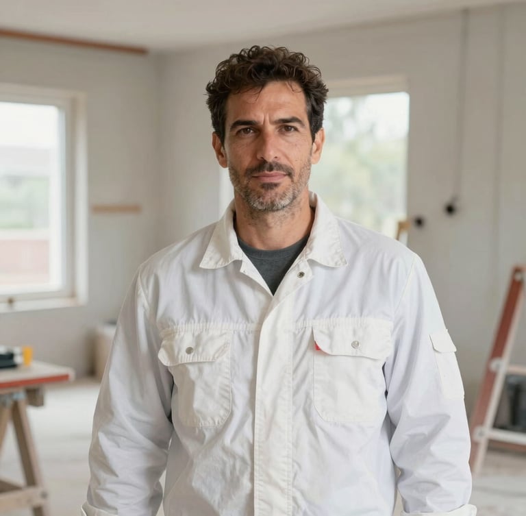 Portrait of Fernando Pagani, a professional contractor in clean workwear, looking confident on a brightly lit, organized renovation site, natural daylight, 35mm
