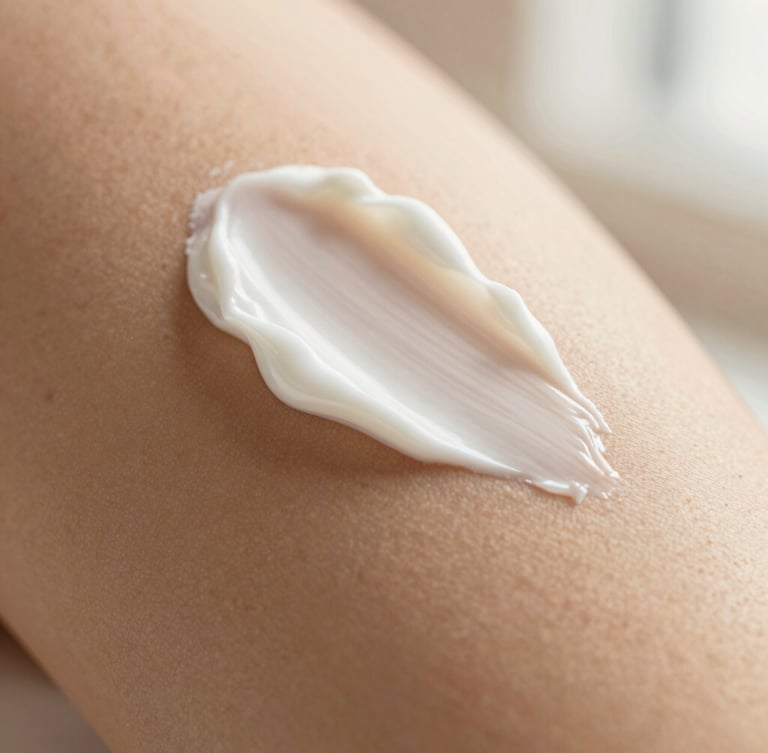 Makroaufnahme einer reichhaltigen, samtigen weißen Creme-Textur, die sanft über die Haut gestrichen wird, warmes goldenes Licht, geringe Tiefenschärfe, taktile Premium-Beauty-Fotografie