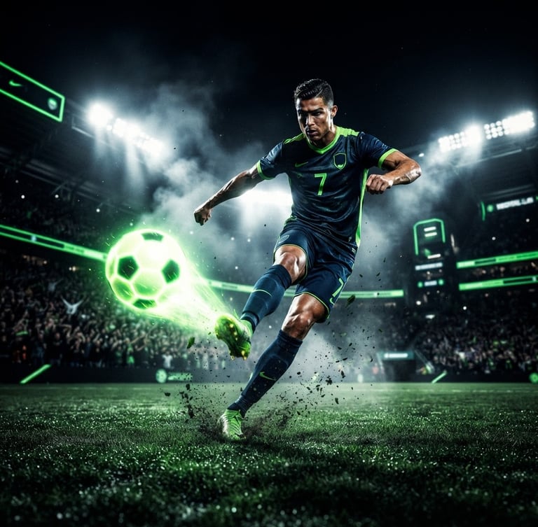 Low-angle heroic shot of a professional football player kicking a glowing ball, dramatic stadium floodlights, dark high-contrast background with neon green accents