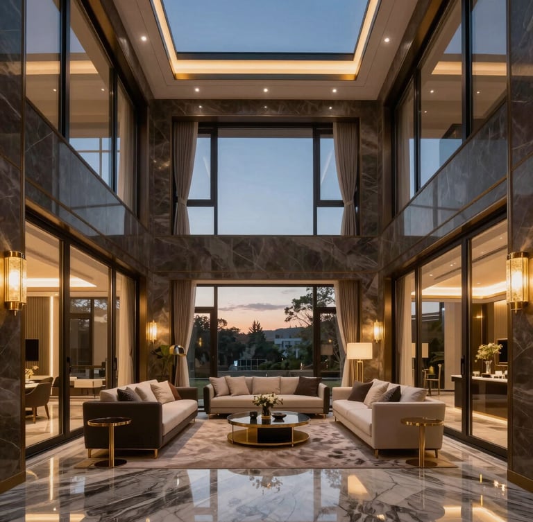 Symmetrical architectural photograph of a modern luxury living room, double-height ceiling, large glass windows, premium marble floors, gold fixtures, warm twilight lighting