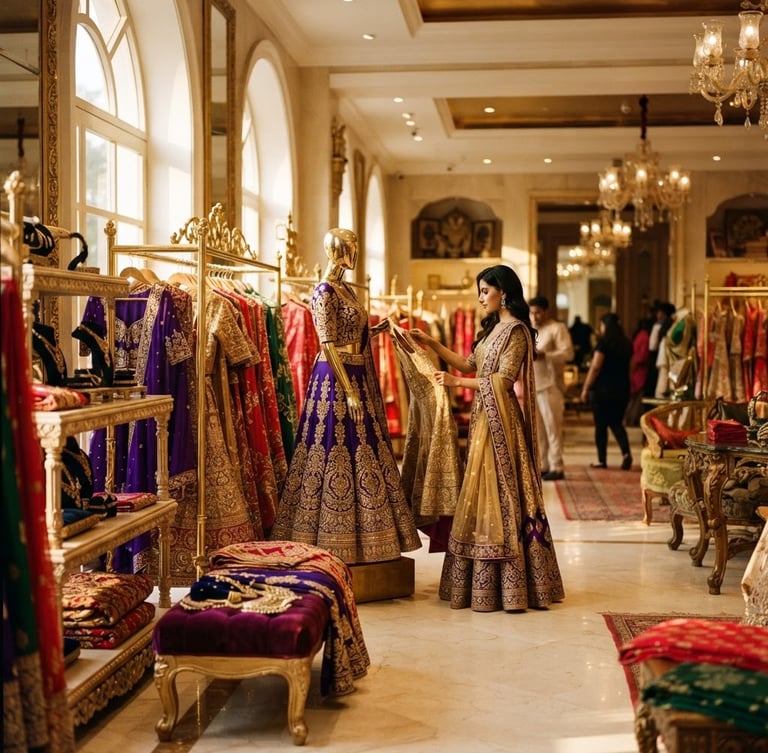 Editorial shot of the Ultimate Shopping flagship store interior, warm golden-hour light, luxurious Indian fashion displays, royal purple and gold accents, shallow depth of field, 35mm, model in background browsing.