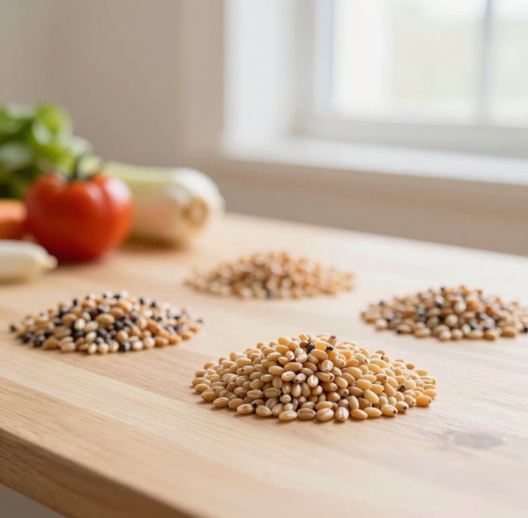 Close-up of fresh organic grains and colorful vegetables on a clean wooden table, soft morning window light, warm pastel tones, shallow depth of field