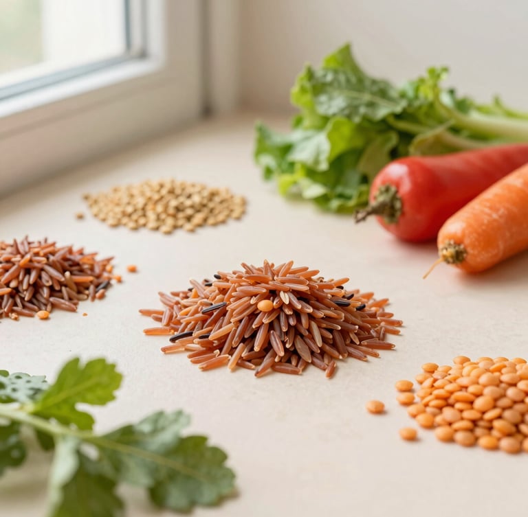 Overhead flat-lay of raw organic ingredients like red rice, lentils, and fresh vegetables on a clean light surface, soft natural morning daylight