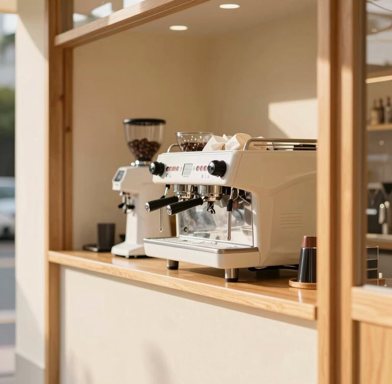 Vertical portrait of a modern, inviting espresso bar, clean cream-colored walls, warm wooden accents, a sleek espresso machine in the background, shallow depth of field