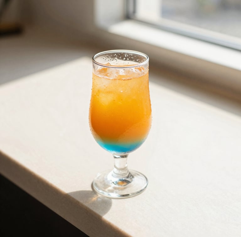 Bright editorial food photography of a condensation-beaded glass of layered orange and blue specialty soda on a sunlit cream counter, natural afternoon sunlight, shallow depth of field
