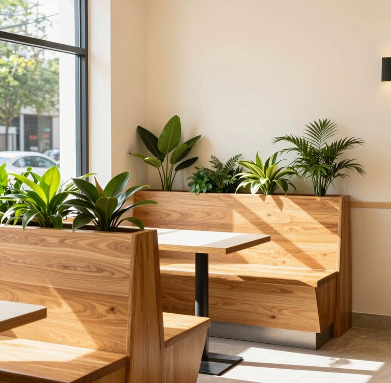 Bright environmental shot of a sunlit modern drink shop interior with warm wood booths, green plants, and clean cream walls, natural afternoon sunlight